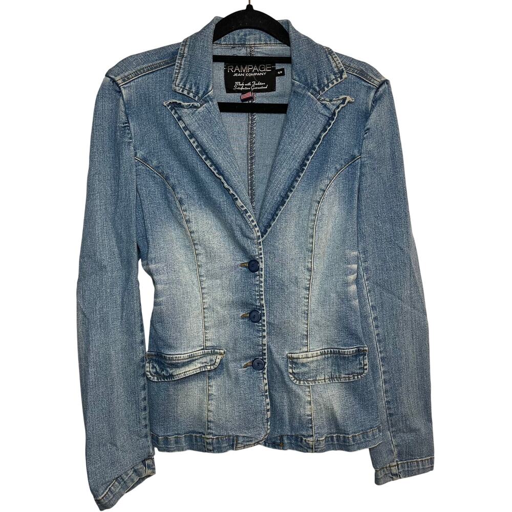 Vintage Y2K Rampage Denim Blazer Jean Jacket Blue Medium Wash Sz Small 90s Retro